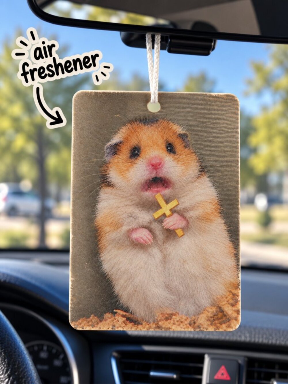 Scared Hamster Cross Funny Meme Car Air Freshener - Hanging Car Accessory